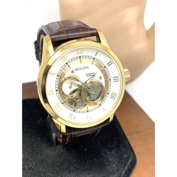 Bulova Men's Watch 97A121 Automatic Gold Tone Case Brown Leather Band 41mm - Picture 13 of 14